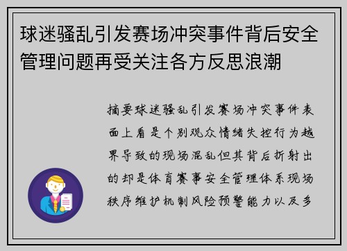 球迷骚乱引发赛场冲突事件背后安全管理问题再受关注各方反思浪潮